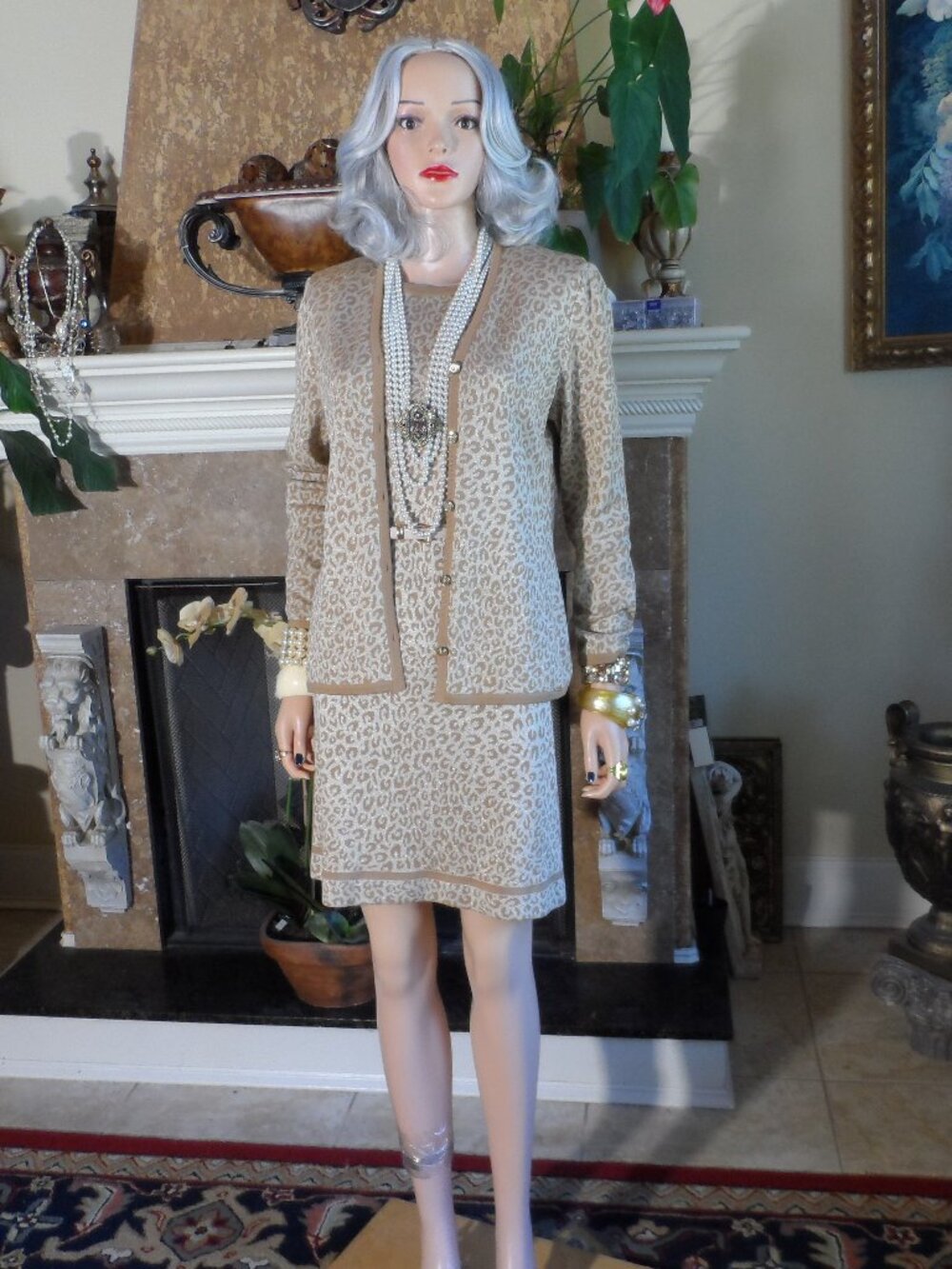 St. John Sport by Marie Gray Beige Animal Print Knit Dress & Cardigan Set–Size P